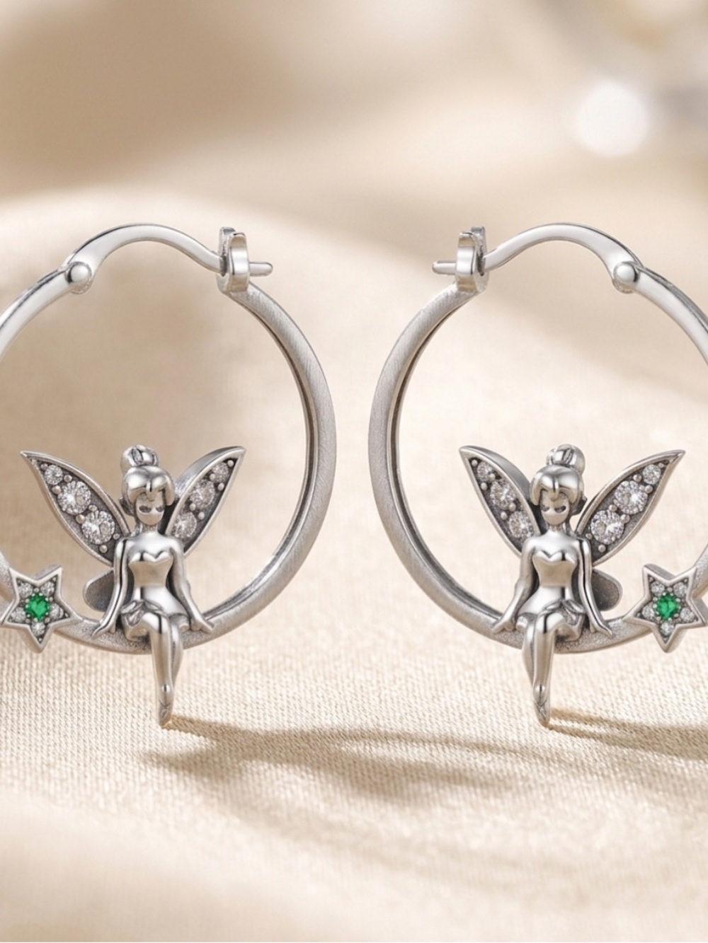 Silver Fairy Hoop Earrings with Green Star Accent